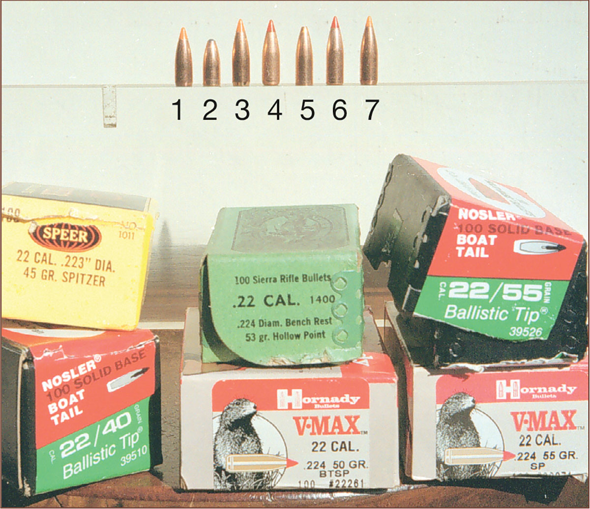 Ken used the (1) Nosler 40-grain Ballistic Tip, (2) Speer 45-grain spitzer, (3) Nosler 50-grain Ballistic Tip, (4) Hornady 50-grain V-MAX, (5) Sierra 53-grain hollowpoint Benchrest, (6) Hornady 55-grain V-MAX and (7) Nosler 55-grain Ballistic Tip in the .222 Magnum.